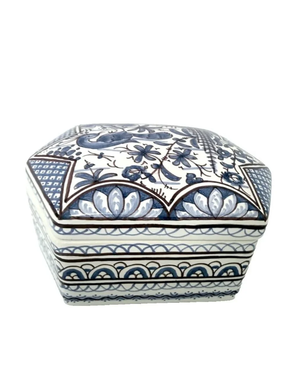 VTG Blue & White Chinoiserie Portugal Hand Painted Floral Lidded Trinket Box